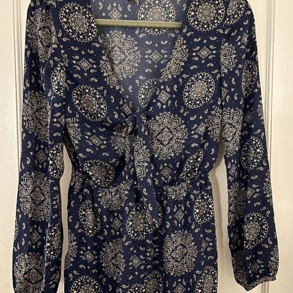 VINTAGE Forever 21 Women’s Boho Summer Blue White Romper Dress Tie-Up Size S